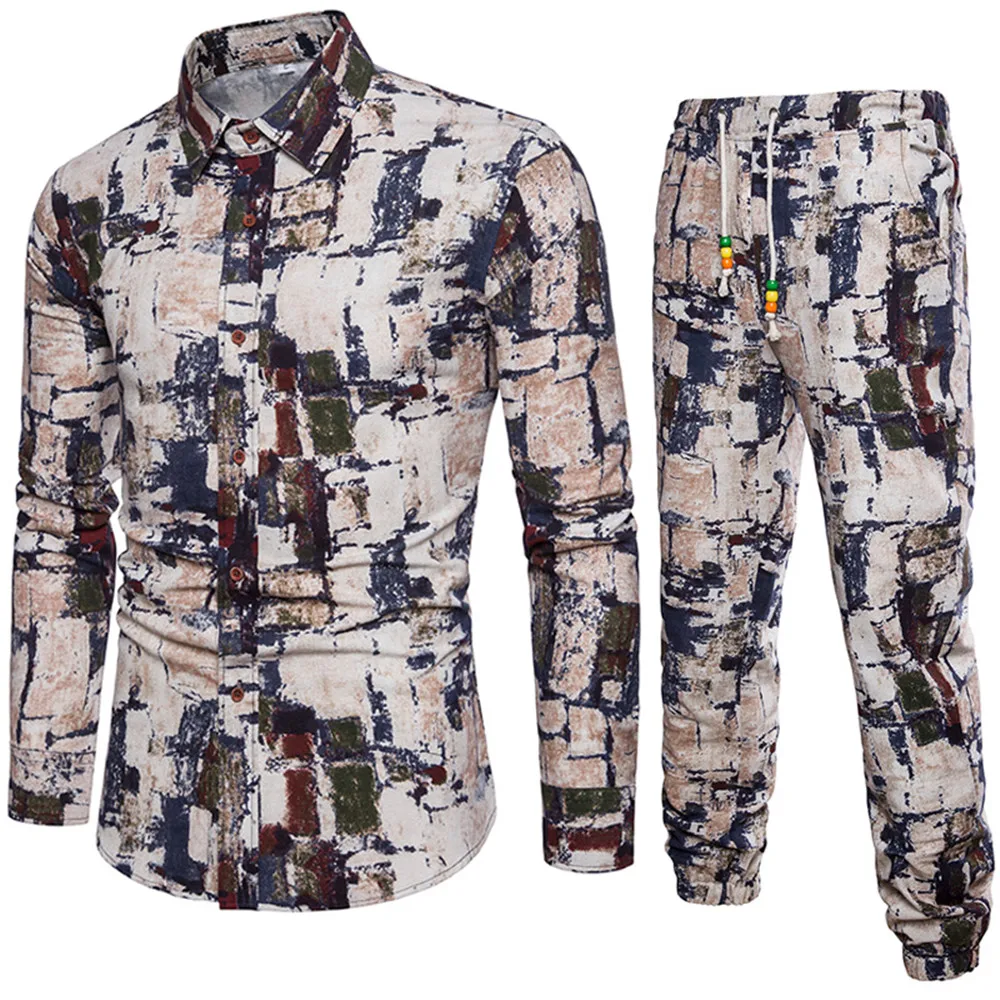 Hand-painted Male Long Sleeve Set Gentleman Festival Wear Casual Suit 2019 Autumn New Linen Clothing 5XL Big Size Slim Shirts