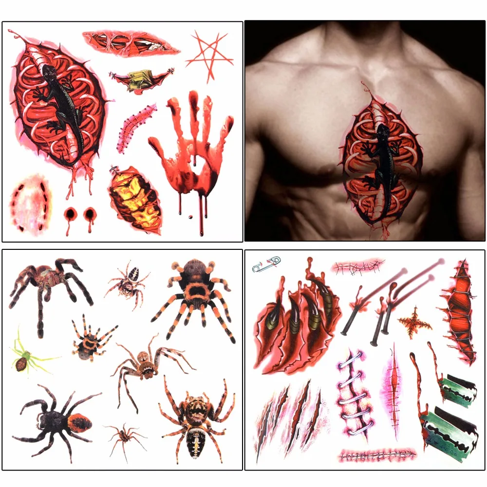 

New 6pcs/3pcs Temporary Tattoo sticker arm/face 3D Halloween zombie Scab Terror Makeup Tools For Room Window Home Art Decor