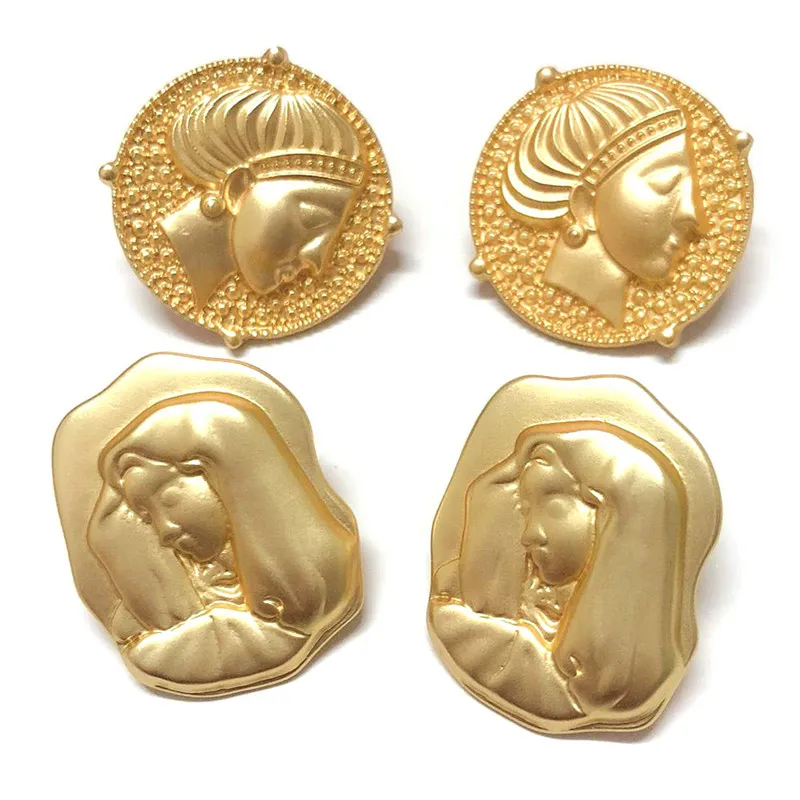 

Classic Gold Color Metal Virgin Mary Drop Earrings For Women Religious Portrait Earrings Studs Geometric Disc Post Earrings