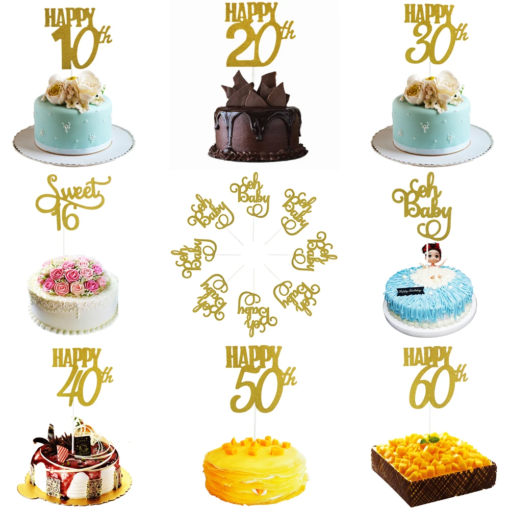 1set Flash Gold Happy Birthday Cake 40th 50th 60th Sweet 16 Topper Wedding Cake Decorating Supplies For Oh Baby Party Decoration Cake Decorating Supplies Aliexpress