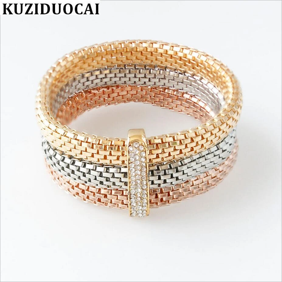 

Kuziduocai New Fashion Jewelry 3 Pcs/Set Crystal Elastic Rhinestones Tricolor Bangle & Bracelet For Women And Ladies Gift B-32