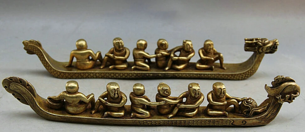 

JP S62 14" Chinese Copper Gild Feng Shui menfolk play phoenix dragon boat Statue Pair Discount 35%