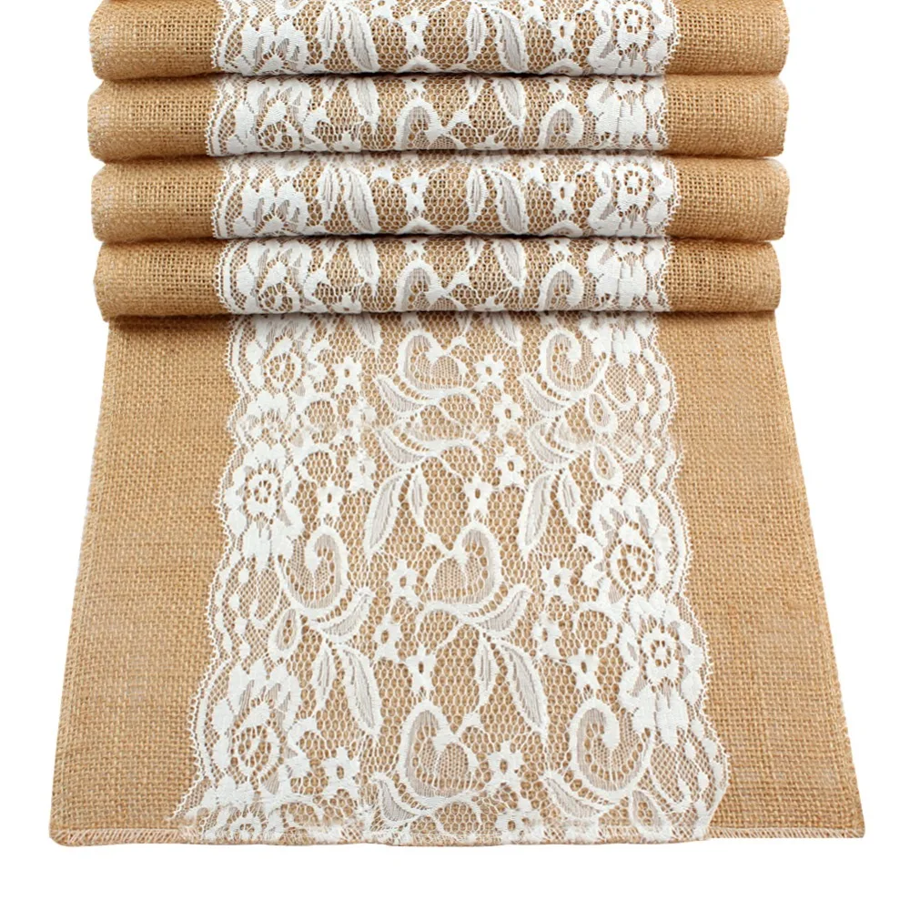 OurWarm Jute Table Runner Burlap Lace Table Cloth Wedding Party Home