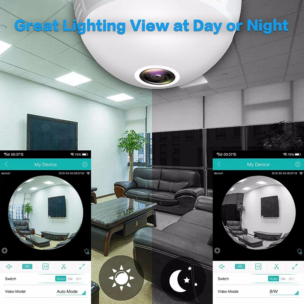 360 градусов Камера Беспроводной IP Светодиодный светильник лампы мини Камера 1.3MP 960P безопасности лампы WI-FI Камера панорамный Fisheye светильник