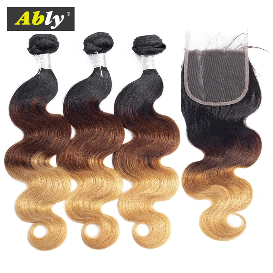 Ombre Bundles with Closure 1B/4/27# Three Tone Ably Brazilian Body Wave Blonde Remy Human Hair 3 Bundles with 4X4 Lace Closure