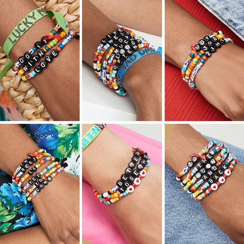 

Puka New Summer Letter Bracelet For Women bohemian Resin Fashion Creative Beads Bracelet femme 2019 6 in 1 Red bracelet Jewelry