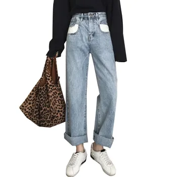 

Women Retro High Waist Loose Jeans 2019 Summer Pockets Jeans Wide Leg Pants Casual Trousers Denim Pants