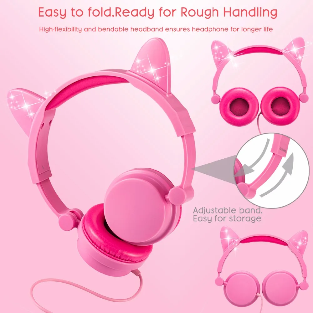 JINSERTA Cat Ear Headphones Glowing Headset 3 5mm Kids Earphones with USB Charging Port For Girls Childrens Christmas Gifts
