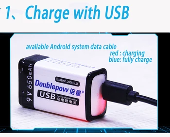

9V USB Rechargeable battery 6f22 9v Smart battery 650mAh Wireless Microphone KTV Instrument use