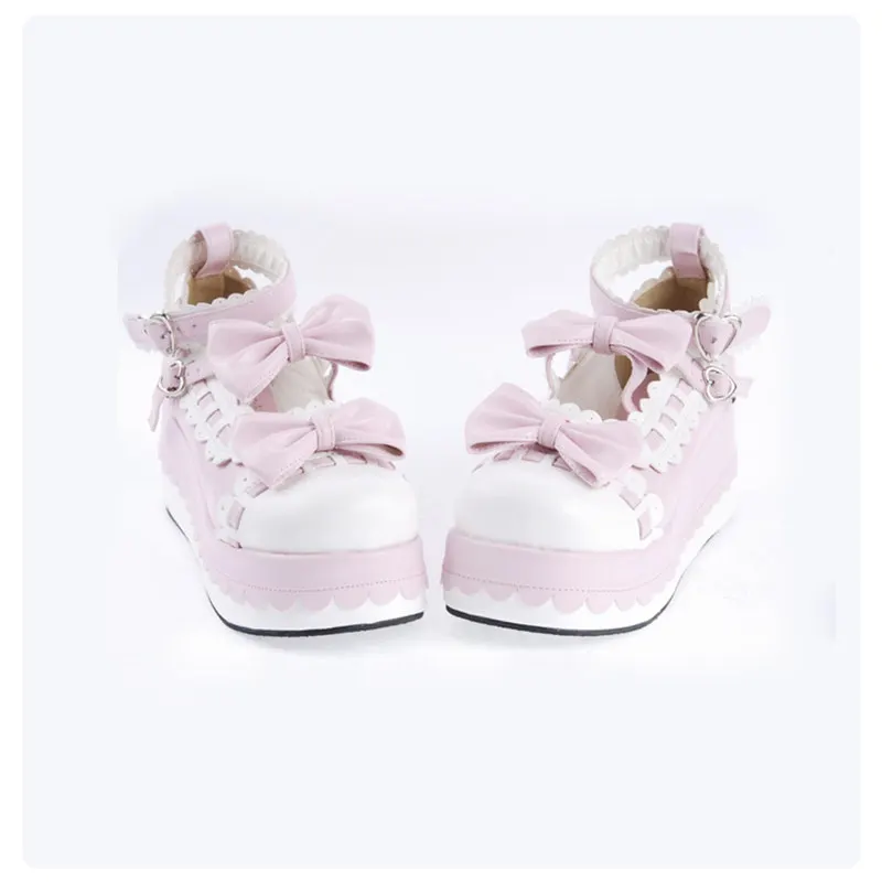 Милые туфли принцессы на танкетке с бантиком для девочек; обувь в стиле Лолиты; зимняя обувь на платформе; Доступно много цветов и размеров - Цвет: PU Pink