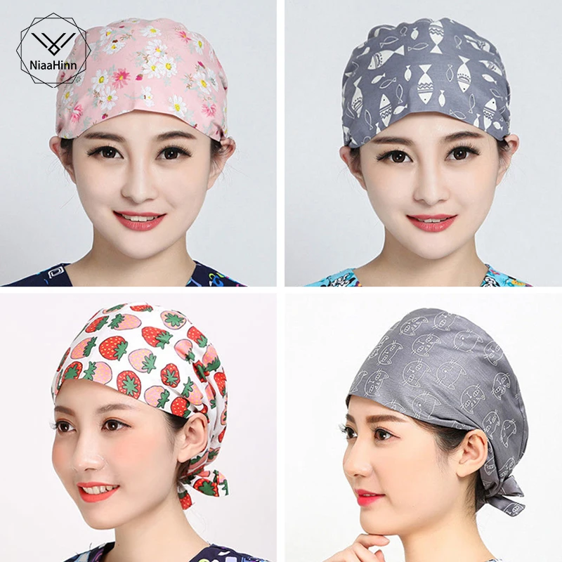 

Womens Surgical Caps for Nurses Pattern Operating Room Surgery Scrub Hats Cute Cat 100% Cotton One Size Tie Tie Back Surgeon Hat