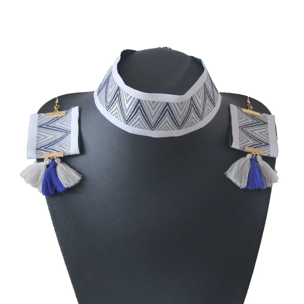 

CirGen 2018 Ribbon Choker Set Fashion Ethnic Women Statement Drop Tassel Dangle Pendant Earring Collar Necklace Jewelry Set,E63