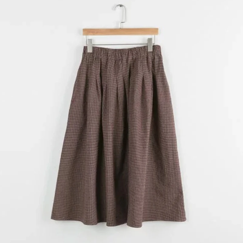 

fine plaid vintage linen Elastic waist pocket Pleated A-Line skirt mori girl
