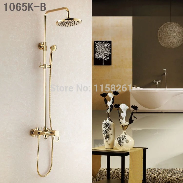 Смесители для душа, золотой латунный Смеситель для ванной комнаты, смеситель для душа, набор, дождевая насадка для душа, Круглый настенный кран для ванны, HJ-1065K-B