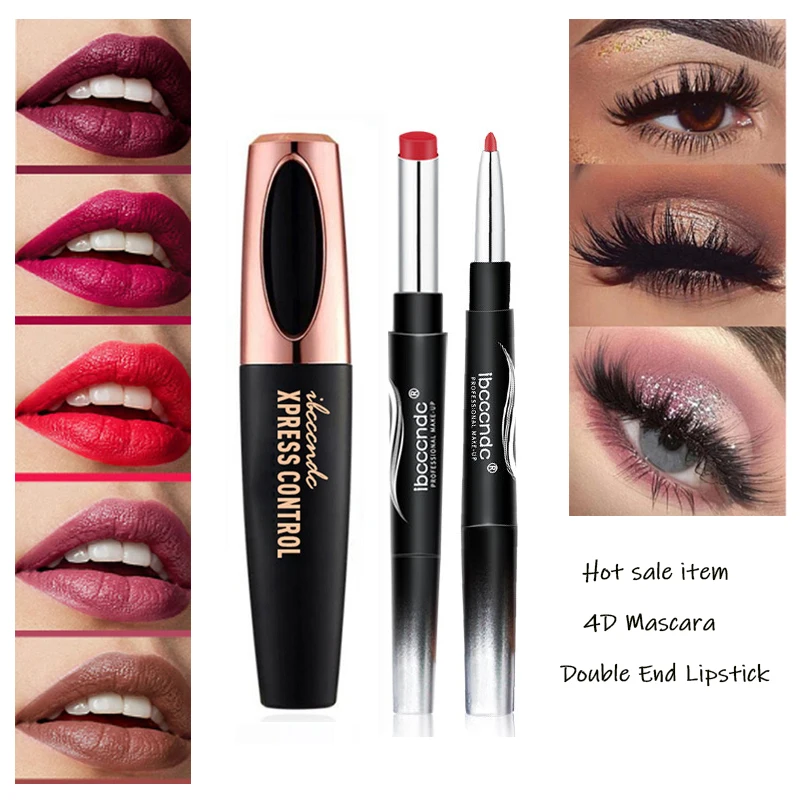 

Hot Makeup Set 4D Silk Fiber Lash Mascara + Double End Lipsticks Brand Lip Makeup Cosmetics Nude Red Lips Liner Pencil