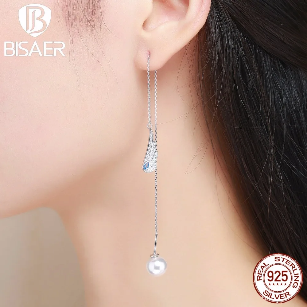 

Bohemia 100% 925 Sterling Silver Romantic Wing, White Feather Long Earrings for Women Fashion Drop Earrings Jewelry Earrings