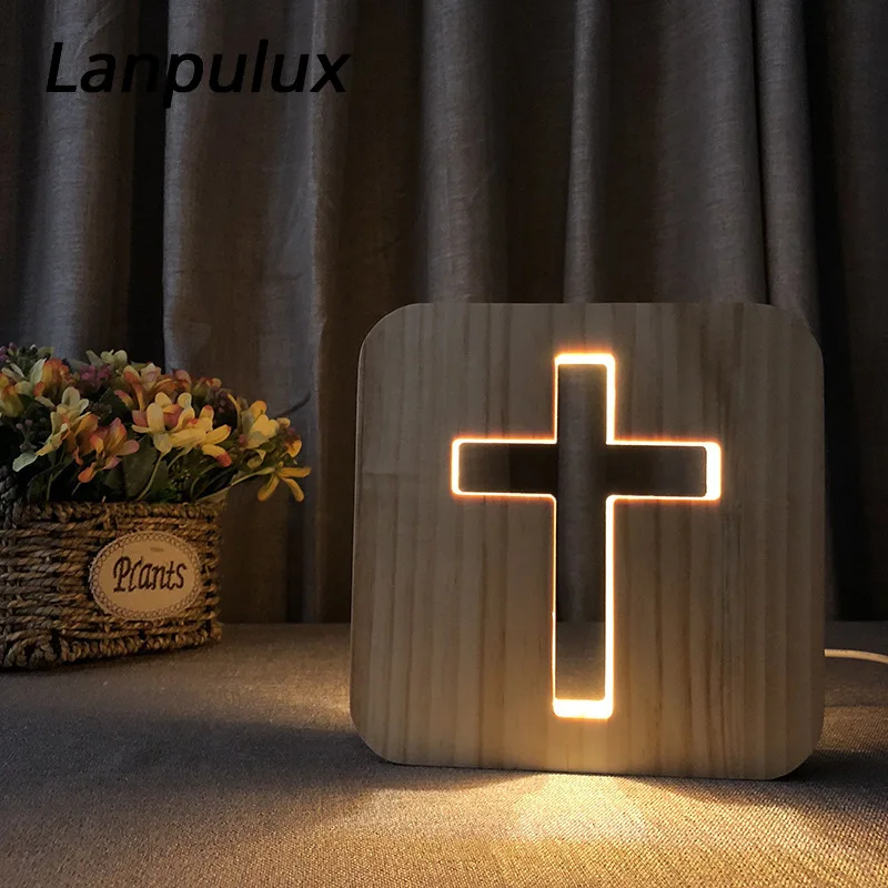 

Lanpulux 3D Wooden Hollow Night Lamp Desk Literary Carving Ornaments Feet Tree Coffee Cup Cross Shape Home Decor Creative Gifts