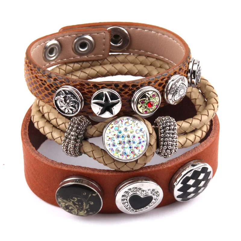 

New Arrival Metal Button With Rhinestone Epoxy Enamel Leather Bracelets For Women Brown Leather Wrap Bracelet