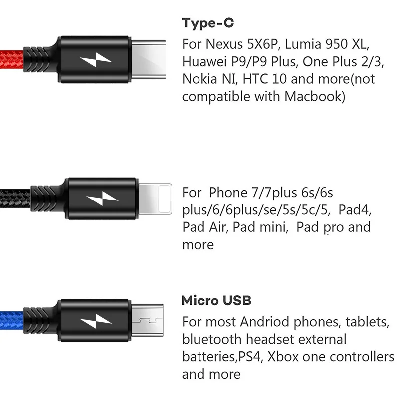 Rovtop 3 в 1 USB кабель несколько устройств телефон разъем зарядное устройство Шнур с Micro usb type C совместим с сотовые телефоны, планшеты