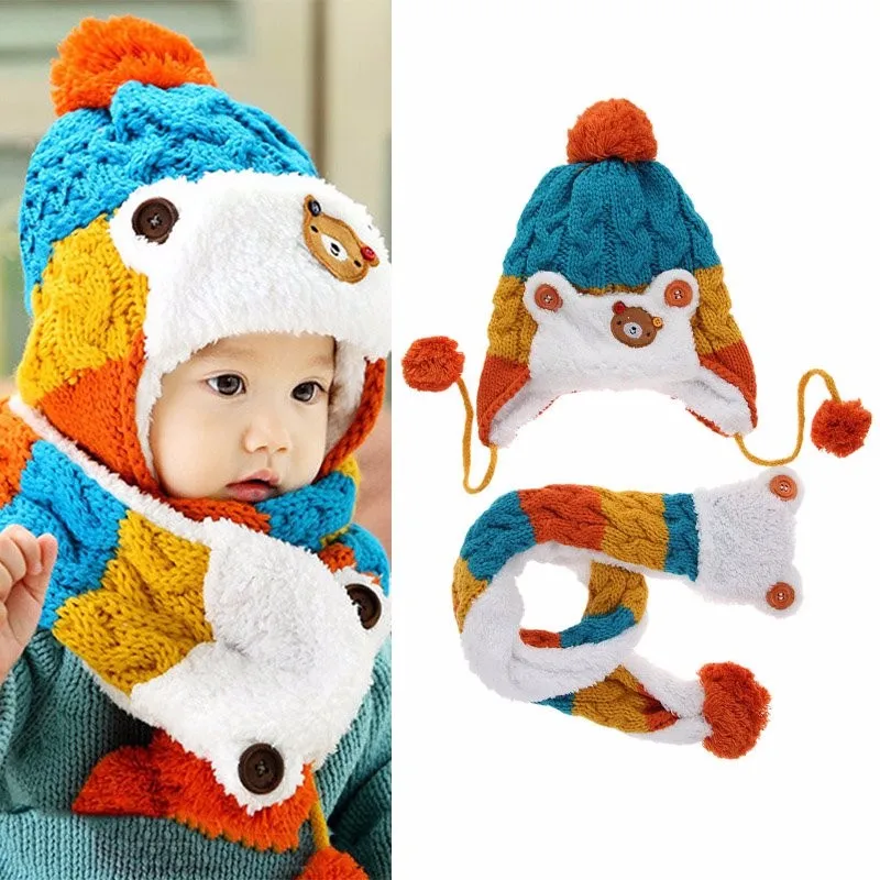 

Baby Caps Toddler Girls Boys Winter Warm Cartoon Hat Hooded Scarf Earflap Knitted Cap