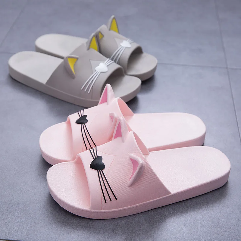 Летние женские тапочки с милым рисунком кота; домашние шлепанцы для ванной; дизайнерские Вьетнамки; мягкая женская обувь на плоской подошве;
