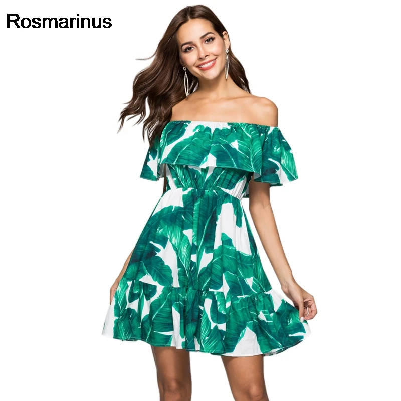 

Rosmarinus Short Dresses Summer Women Slash Neck Ruffles Short Sleeve Green Palm Leaf Print Boho Beach Dress Tunic Sundresses