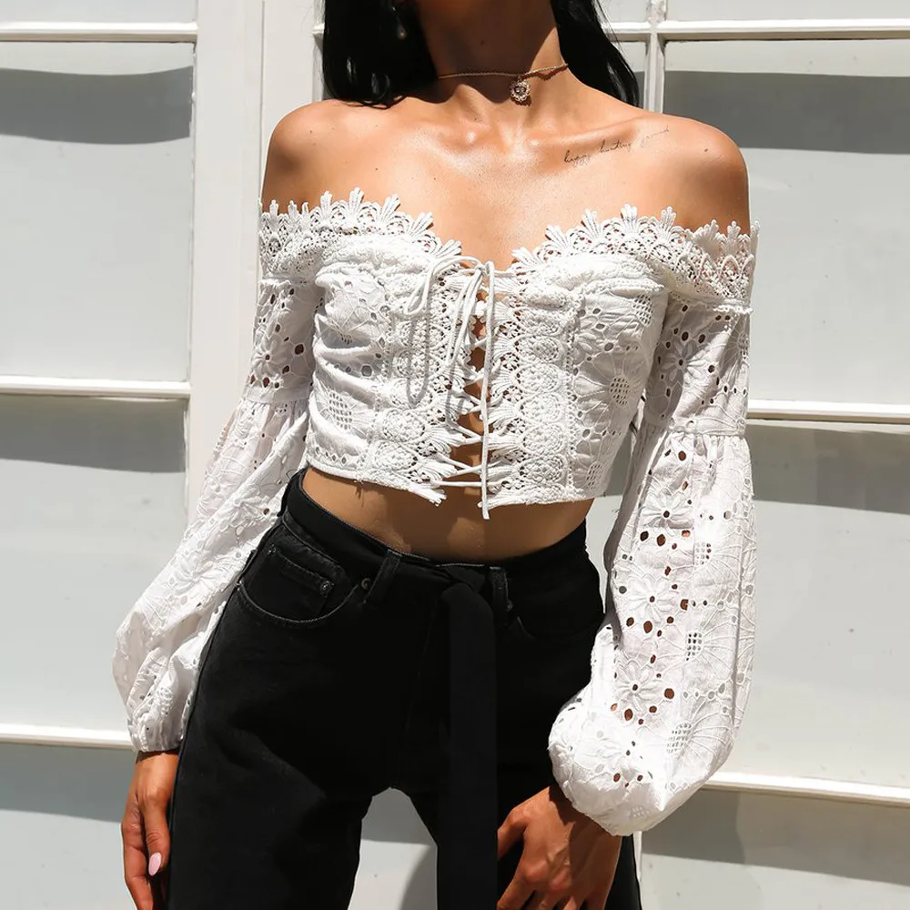 

tops high quality Off Shoulder Long Sleeve Hollow Lace Loose Tops T-Shirt summer tops for women 2019