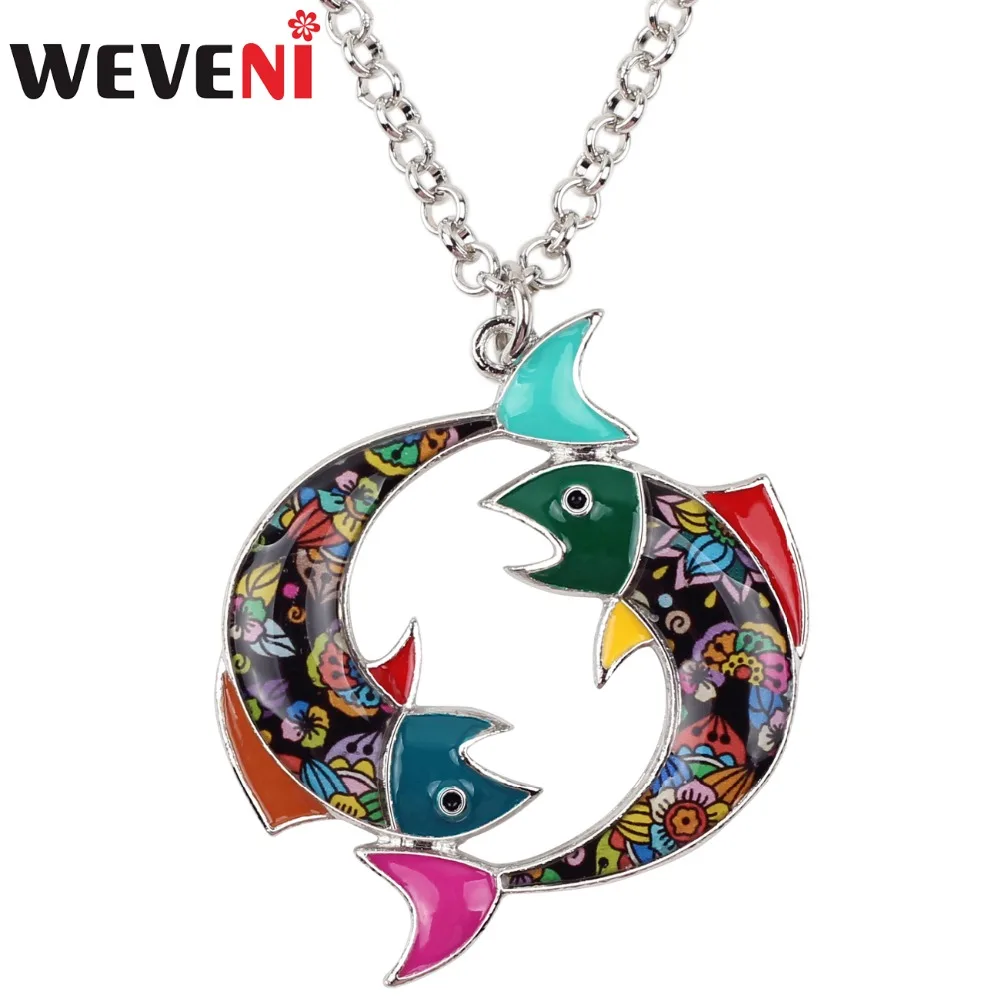 

WEVENI Maxi Statement Metal Alloy Lucky Zodiac Pisces Necklace Chain Choker Pendant Fashion The Fishes Enamel Jewelry For Women