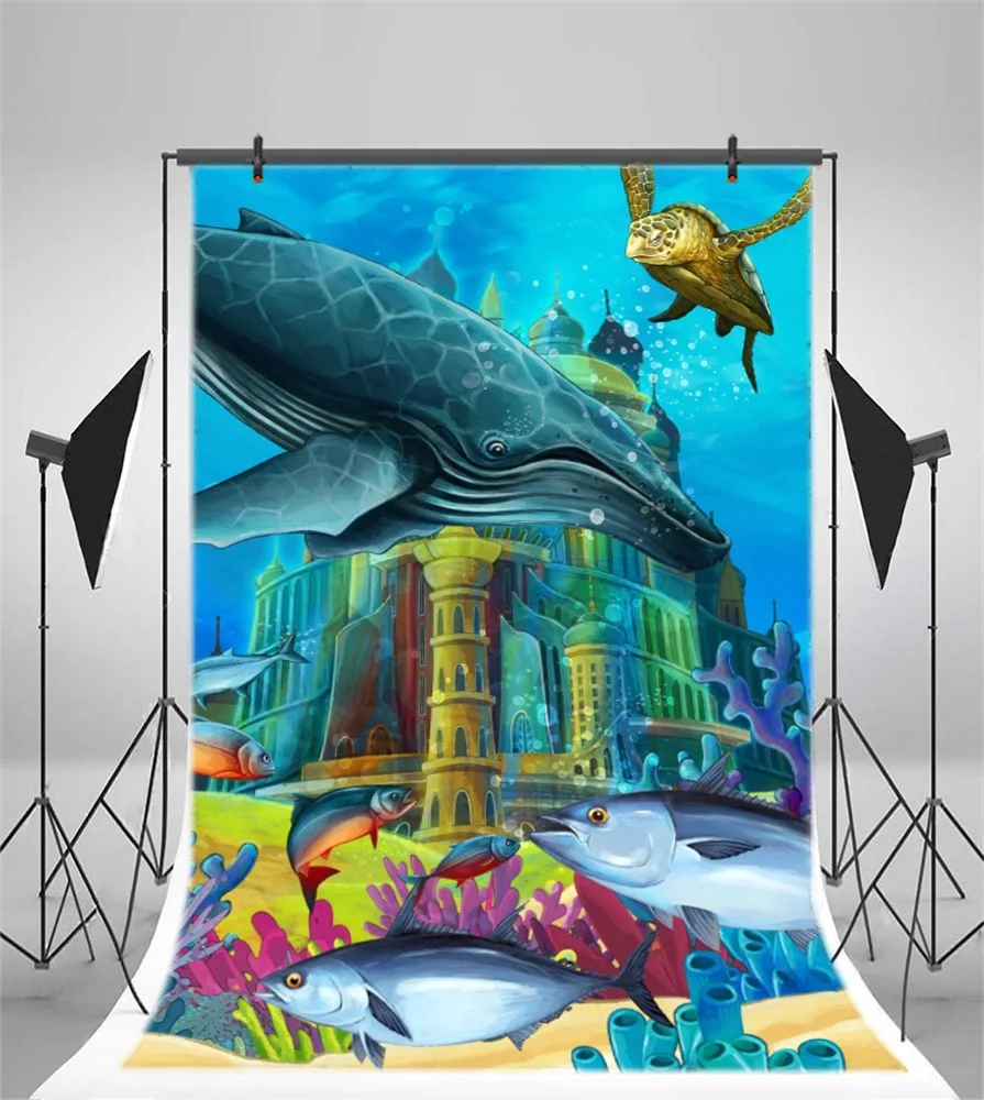 Laeacco Sea Underwater Tortoise Whale Castle Baby Photography Backgrounds Customized Photographic Backdrops For Photo Studio
