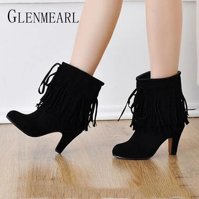 

2019 Fall Winter New Ankle Women Boots Fashion High-heeled Platform Round Warm Black Brown Shoes Women's Boot Large Yards Size35