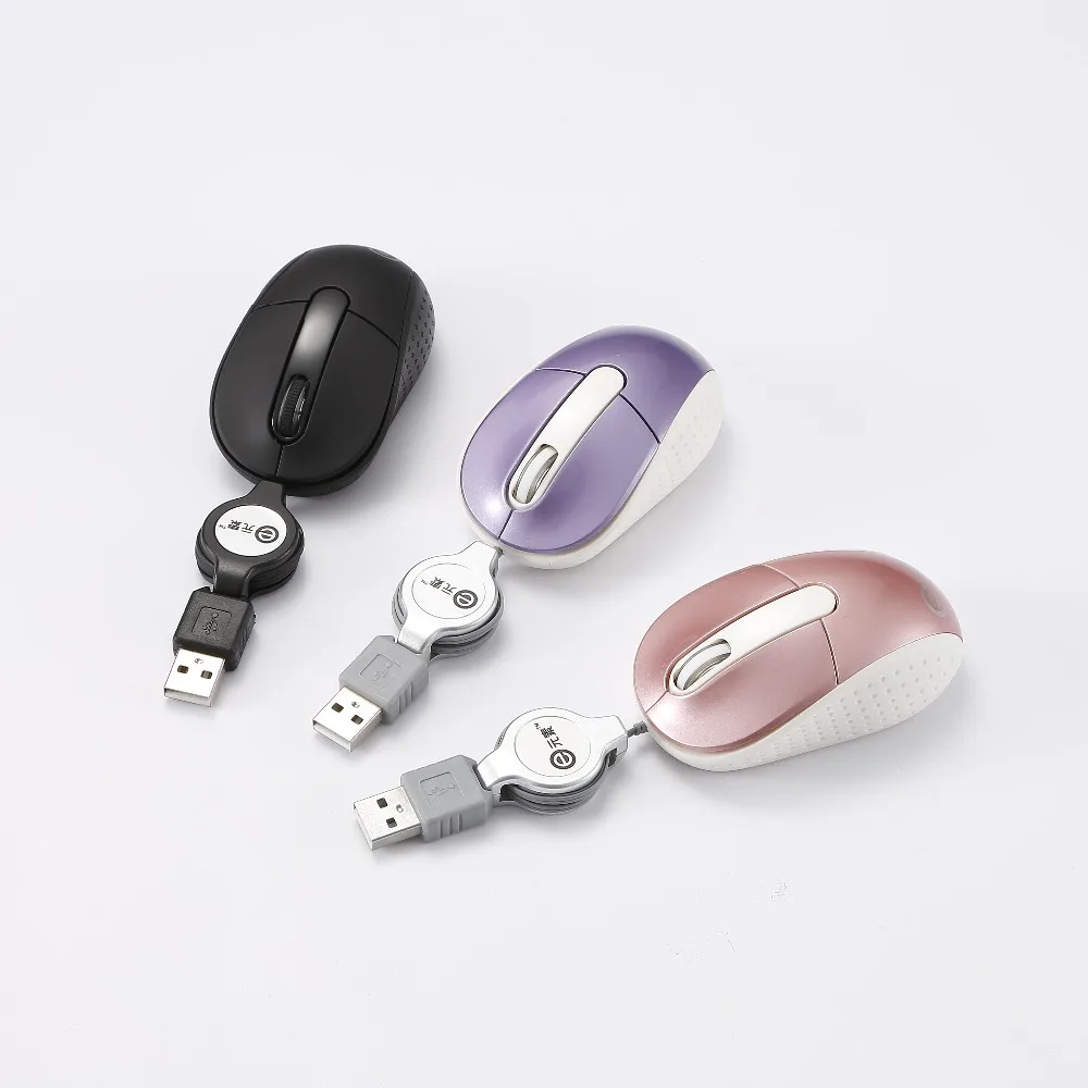 Мини USB портативная мышь с выдвижным кабелем, E-Element Проводная дорожная мышь, розовый белый
