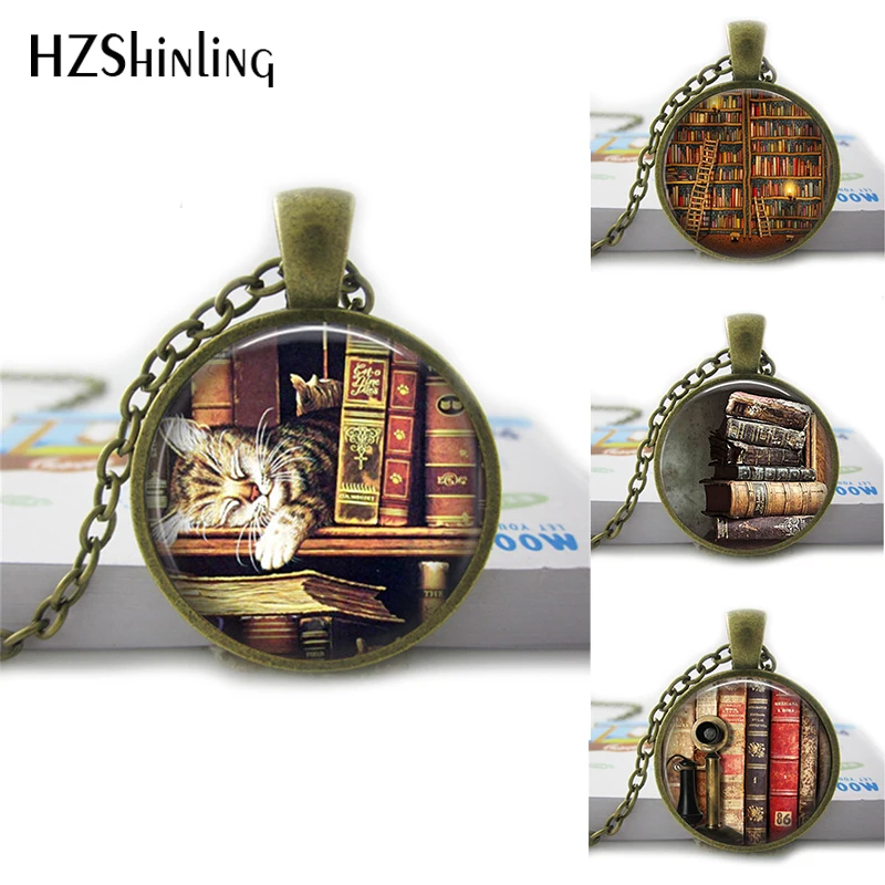 

HZShinling She Is Too Fond Of Books Alcott Quote Pendant Necklace Cat Book Lover Jewelry Librarian Gift Writer Book Nerd HZ1