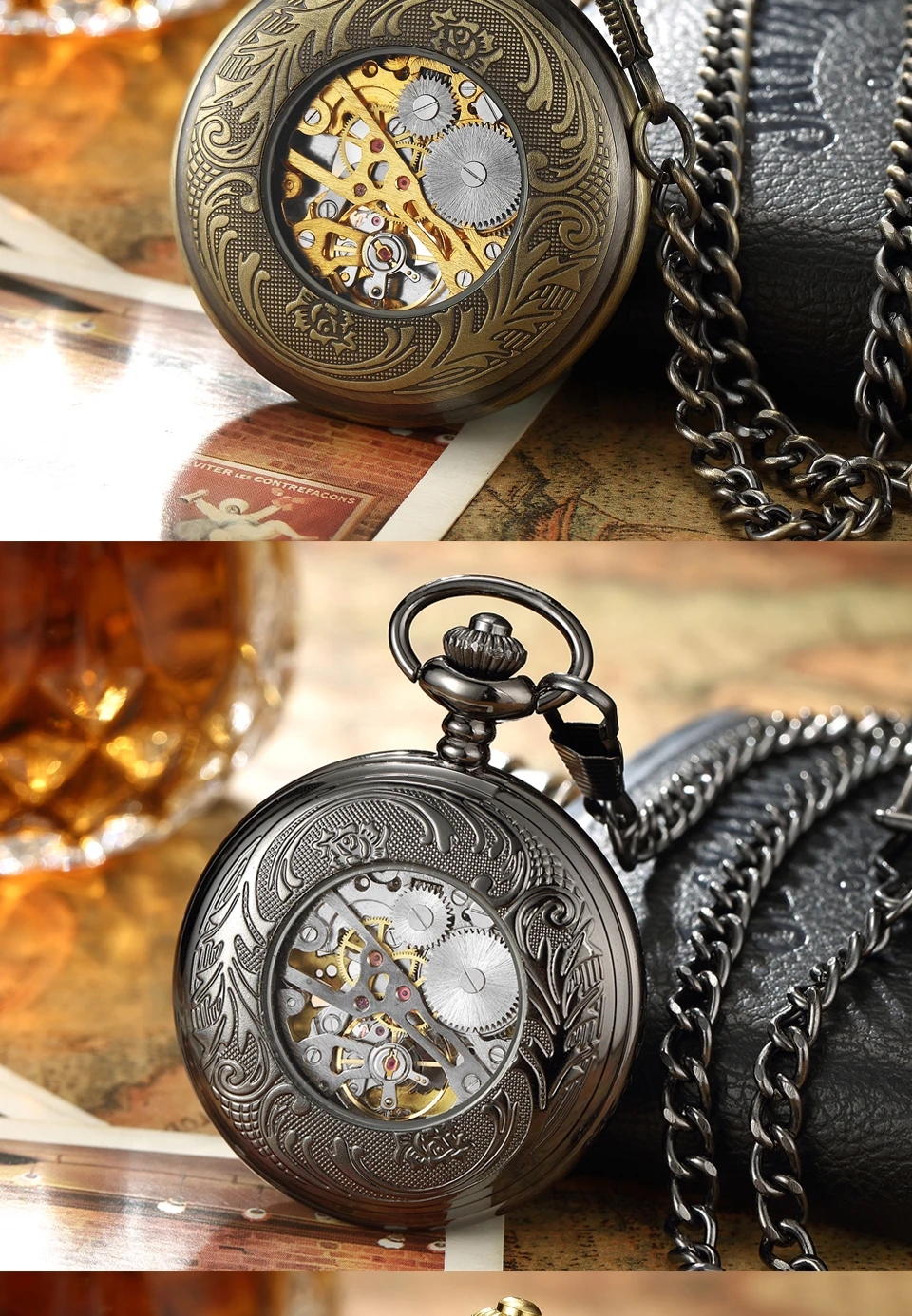 Retro Golden Hollow Skeleton Mechanical Pocket Watch