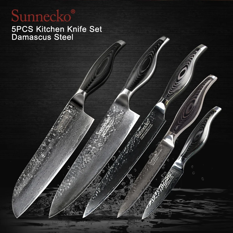 

SUNNECKO 5PCS Kitchen Knives Set Sharp Chef Slicing Utility Knife 73 Layers Damascus Steel Japanese VG10 Blade Pakka Wood Handle