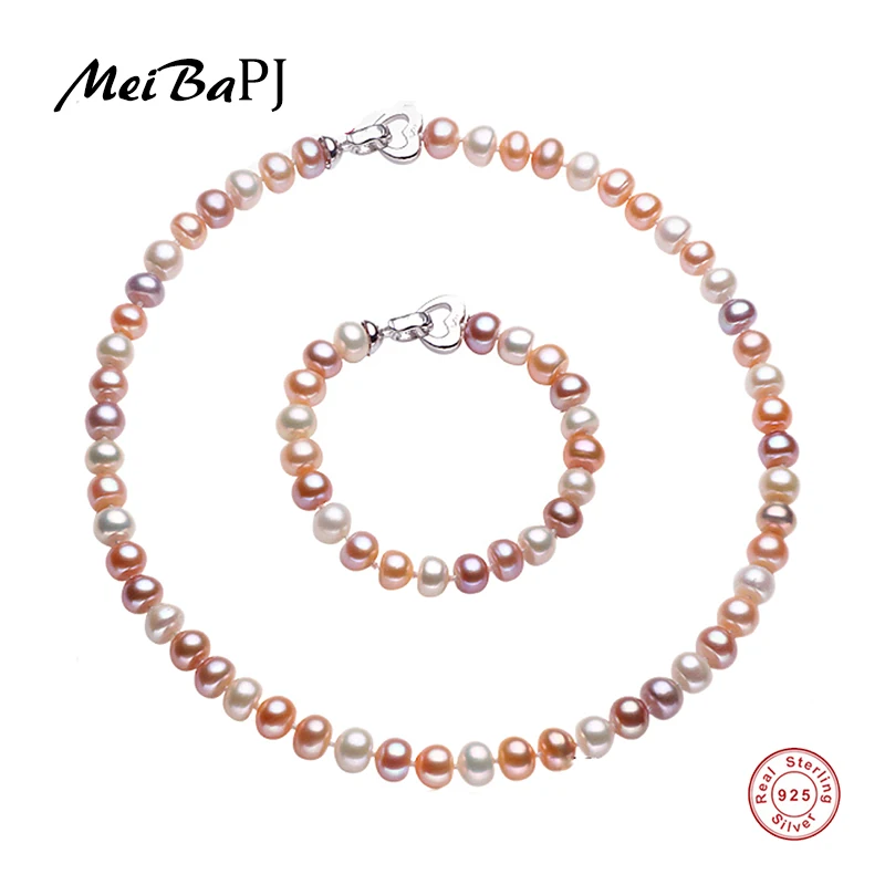 

[MeiBaPJ]8-9mm Natural Freshwater Pearl Beads Jewelry Set With 925 Sterling Silver Clasp Women's Birthday Gift Wedding Jewelry