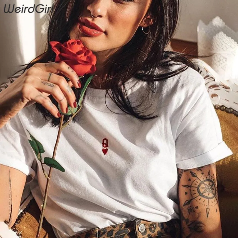 

Weirdgirl women t-shirts fashion casual love star embroidery o-neck short sleeve femme full length tops girl summer loose new