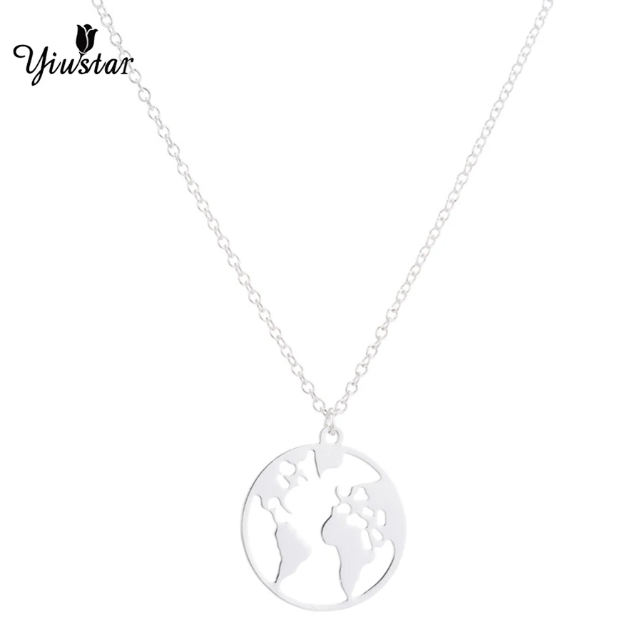 

yiustar Map Pendant Necklace For Women Silver Necklace Long Choker Stainless Steel Globe World Map Necklaces Christmas Gifts