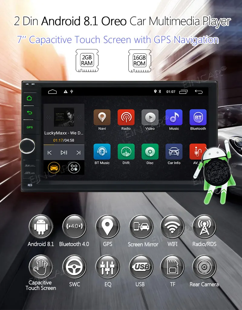 Double 2 DIN Car Stereo Support Bluetooth GPS Navigation OBD2 SWC AUX FMA/AM RDS Radio Dual Cam Input Android 8.1 Stereo Radio