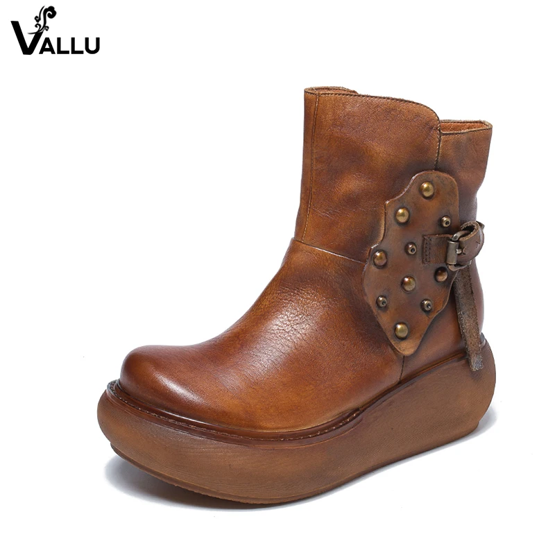 

2019 VALLU Genuine Leather Women Boots Flat Platform Round Toes Buckle Rivet Handamde Vintage Lady Ankle Boots