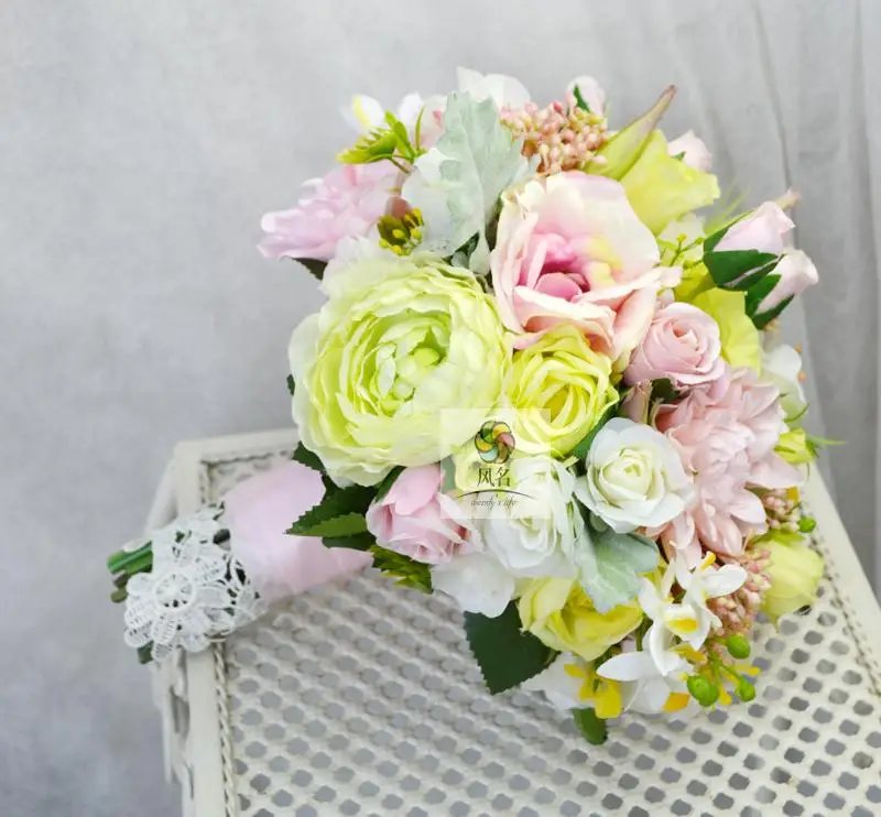 4283 10 De Réductionbouquets De Mariage Faits à La Main Floral Mariée Bridemaids Bouquet Vert Rose Couleur Fleurs Artificielles Tenant Des