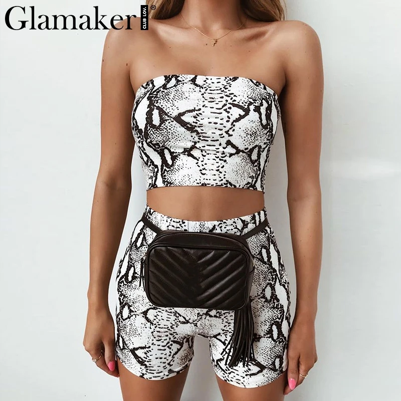 

Glamaker Knitted snake print two-piece romper women Sexy bodycon strapless spring playsuit Female summer party bodysuit overall