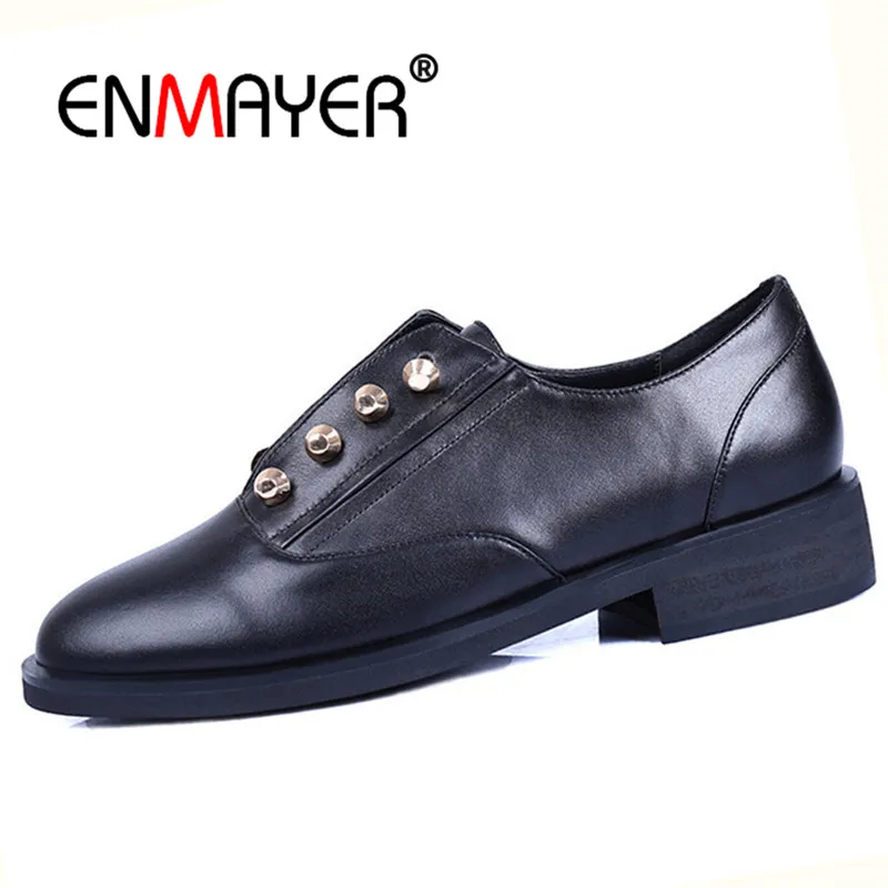

ENMAYER Women pumps Size 34-39 Casual Leather shoes Woman Low heels Round toe Shoes Metal Punk Thick heel Fashion Lace up CR1012