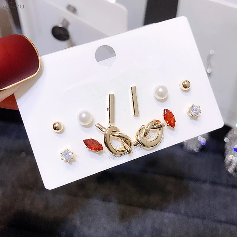 

AOMU 12PCS/Set Korean Simple Mini Geometric Crystal Star Heart Pearl Ball Small Stud Earrings Set 2019 for Women Party Jewelry