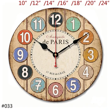 

Antique White with Pink Blue Yellow Black Circled Arabic Numerals Printed 10, 12, 14, 16, 18, 20, 24 inches Wooden Wall Clock