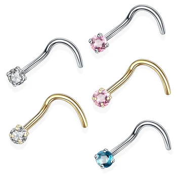 

1PC Steel Nose Rings Nostril Earring Piercings Crystal Nazir Screw Piercings Prong Gem Nose Stud Rings Body Jewelry Retainer 20G