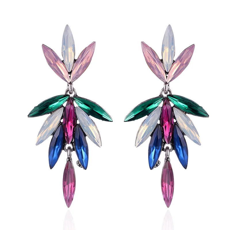 

LUBOV Colorful Crystal Leaves Dangle Earrings Rhinestone Inlaid Trendy Drop Earrings Personality Statement Women Party Jewelry