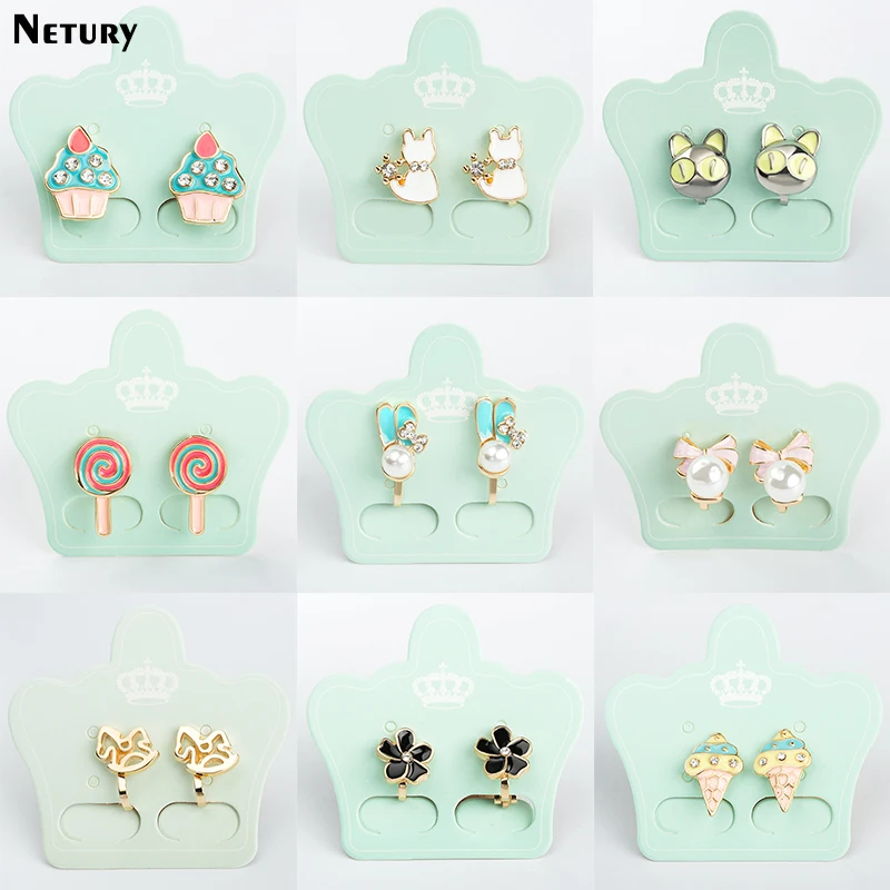 

Women New fashion Clip Earrings Earless hole candy pattern cute cartoon girl student earrings Bowknot Rhinestone funny jewelry
