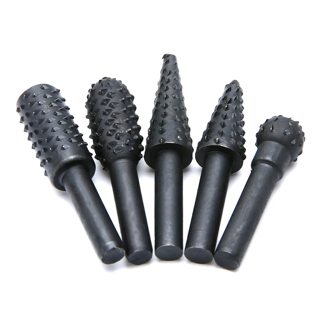 5pcs Black 1/4'' 6mm Shank Steel Rotary Burr Set Woodworking Rasp Drill Bits for Most Electric Cordless Drills