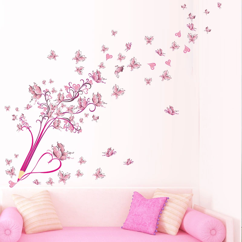 

creative pencil flying butterflies flower floral pvc wall stickers for living room home decor diy wall art removable decals gift