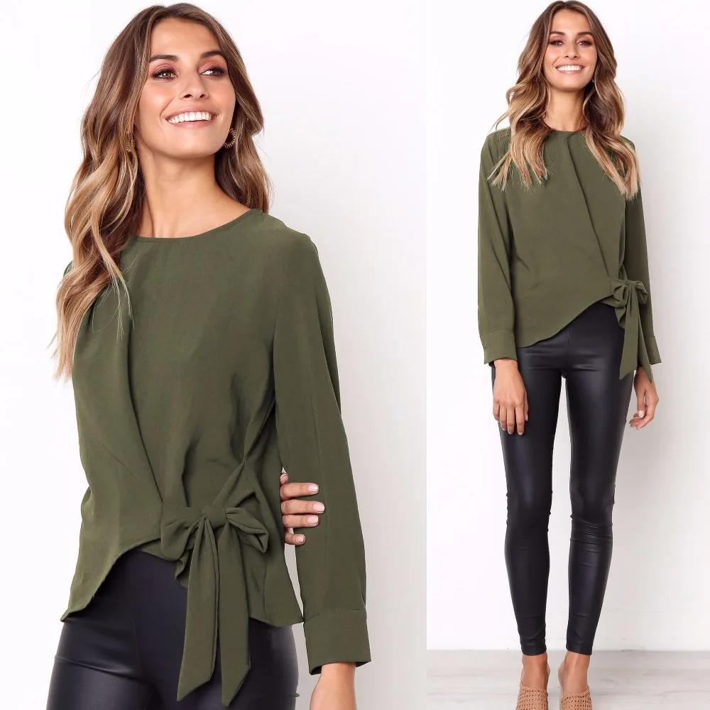 SINFEEL Women Casual Solid Long Sleeve Blouse Shirt Bow Tie Work Office OL Elegant Tops Female blusas chemise femme plus size